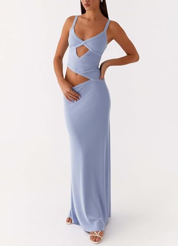 Image of Yiulangde Womens Elegant Spaghetti Strap Maxi Dress Backless Cut Out Bodycon Summer Cami Dress Sexy Formal Cocktail Dresses