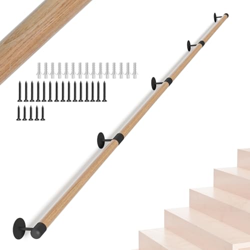 12FT Round Wooden Stair Handrail,Indoor Staircase Handrail,Wall Mount Support Stair