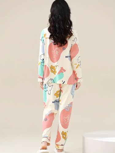 Image of Celary Women's Korean Night Suit Set | Round Neck Full Sleeve Top & Printed Ankle Length Pyjama | Skin-Friendly Fabric Soft Breathable Stretchable Loungewear | M to 2XL