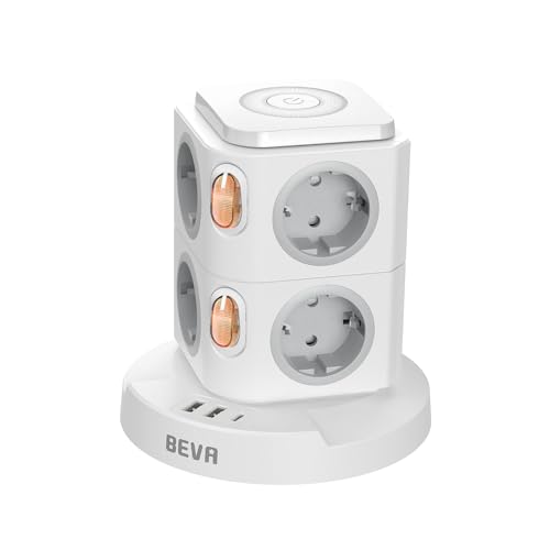 BEVA Regleta Enchufes Vertical, Enchufes Multiple con Luz Nocturna Regulable y Protección contra Sobrecargas, Torre Enchufes 8 AC con 2 USB A y 1 USB C, 2500W/10A, 2M Cable
