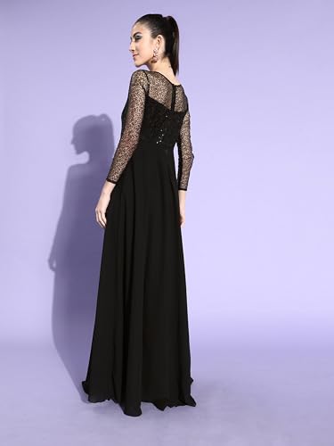 Image of Miss Chase Women's Round Neck Sleeve Embellished Fit Flare Maxi Dress