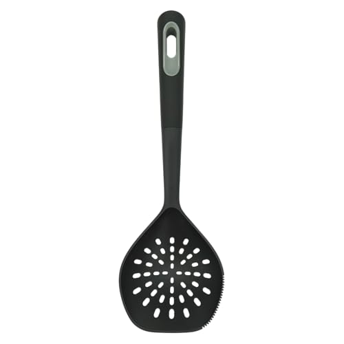 Fackelmann PRO Skimmer, Oil Skimmer & Strainer, Heat-Resistant Plastic Ladle, Colander Straining Spoon, Non-Stick & Anti-Scratch, Deep Fat Frying, Small Holes, 34 cm, Black