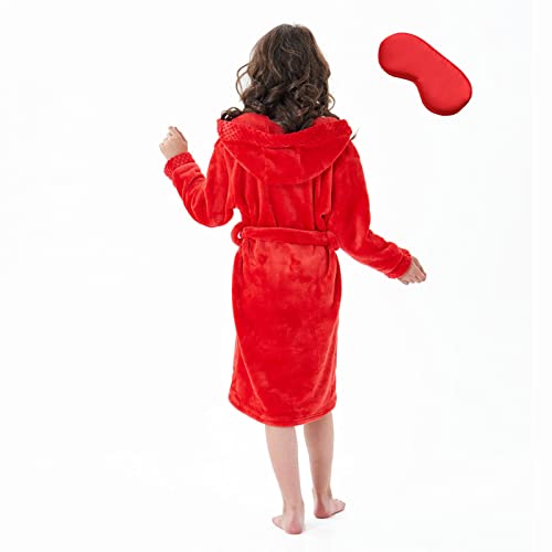 Mgeoy Robes For Girls Kids Soft Hooded Flannel Bathrobe With Silk Eye Sleep Mask Red 10-12 #TOP2