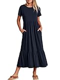 ANRABESS Womens 2025 Summer Casual Maxi Dress A line Tiered Flowy Short Sleeve Crewneck T Shirt Beach Travel Long Dresses X-Large Navy Blue