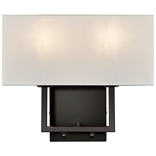 Image of Modern Transitional 2-Lights Hardwired Double Wall Sconce with Switch and Square White Fabric Shade,Nightstand Reading Wall Mount Light for Bedroom