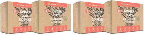 Image of Nourish Organics Ginger Oats Cookies | Wholesome Cookies with Ginger & Oats | Made with Seeds, Almonds & Coconut Jaggery | High Fibre Snack | No Refined Sugar | 120g (Pack of 4)