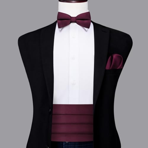 Image of Dubulle Mens Cummerbund and Bow Tie Set Paisley Floral Pretied Bowties for Men Pocket Square Cufflinks Wedding Business