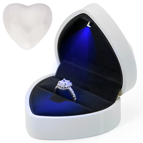 ZOMKIFA Boîte à Bague en Velours, Boîte de Bague avec Lumière LED, Ecrin Bague Forme de Coeur, Boîte à Bijoux Rangement, Coffret Cadeau à Bague pour Mariage Fianailles Cérémonie, 72x66x45MM (Blanc)