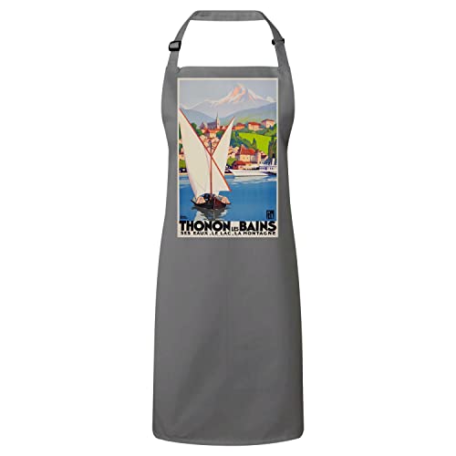 Tablier Thonon-les-Bains gris avec affiche vintage de cuisine du lac