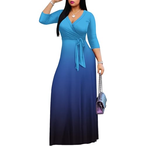 Image of PinkPatty Women's Plus Size Maxi Dress Casual 3 /4 Sleeve Dress with Belt | Soft stretch feel, printed style, flowy A-line fit, v neck, waist tie, side pockets, for vacation, party and daily wear
