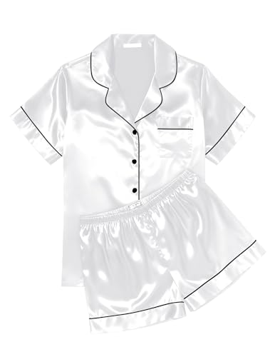 Image of Ekouaer Womens Silk Satin Pajama Sets Soft Short Sleeve Button Down Sleepwear Top and Shorts 2 Piece Pjs Lounge Set