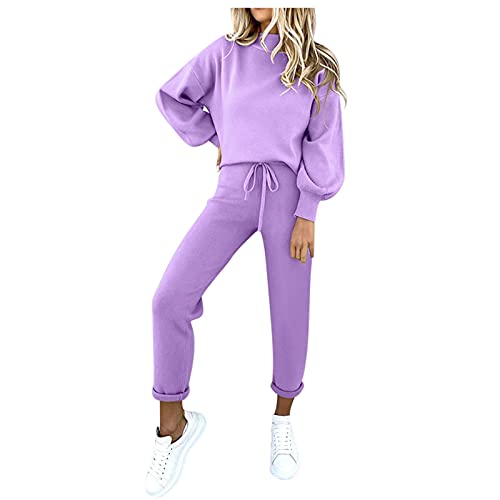 Two Piece Workout Outfits For Women Women's 2 Piece Outfits Ribbed Seamless Exercise Scoop Neck Sports Bra One Shoulder Tops High Waist Shorts Active Set Purple #TOP2