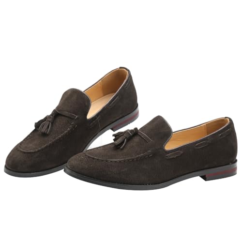 rismart Hombre Hecho a Mano Borlas Mocasines Ante de Vestir Zapatos Uniforme Mocasín(Café,42 EU) - imagen 3