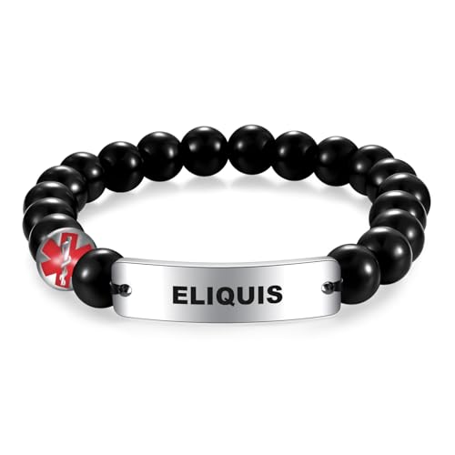 COMTRUD Medical ID Bracelet Stainless Steel Bend Brand ID Tag for Men Women Obsidian Medical Alert Beaded Bracelet Personalized Jewelry Gift (ELIQUIS)