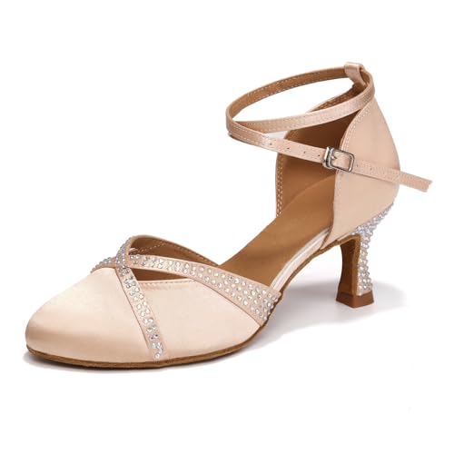 Women Latin Dance Shoes Closed Toe with Rhinestone Salsa Tango Ballroom Practice Dancing Shoes for Wedding Party
