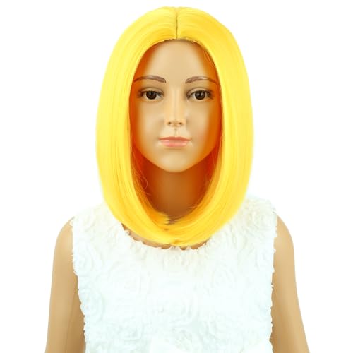 Image of Kids Yellow Wig Girls Yellow Bob Short Straight Wig Middle Part for Kids Children Synthetic Halloween Cosplay Costume Party Wigs with Wig Cap