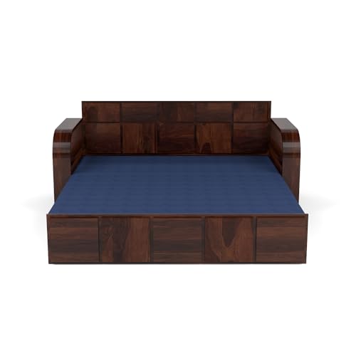 Image of Mamta Furniture Sheesham Wood Sofa Cum Bed with Storage for Living Room Bedroom | Wooden Diwan Sofa Set with Navy Blue Mattress | Solid Wood Sofa Bed in Walnut Finish