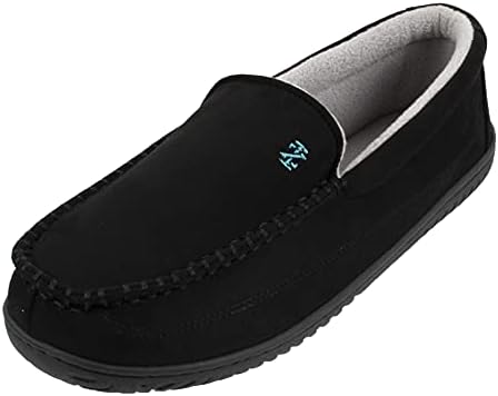 IZOD Men's Classic Two-Tone Moccasin Slipper, Winter Warm Slippers with Memory Foam, Size 13-14, Solid Black