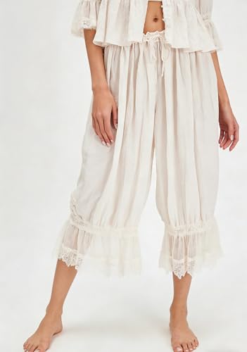 Image of NUFIWI Women Ruffle Long Bloomer Y2k Lace Trim Pettipants Pantaloons Mid Rise Cropped Pajama Pants Under Dress Slips
