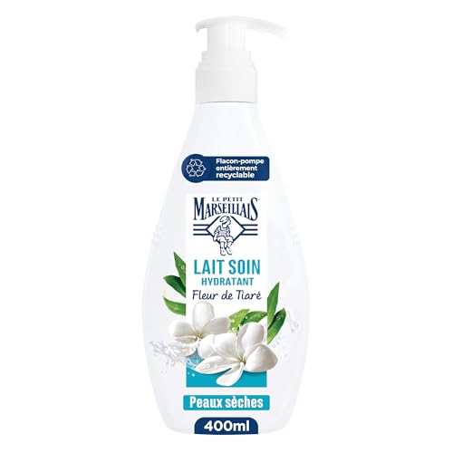 Le Petit Marseillais – Lait Soin Hydratant (Flacon-Pompe de 400 Ml) – Lait Corps pour Peaux Sèches – Lait Corporel Hydratation 48H à la Fleur de Tiaré