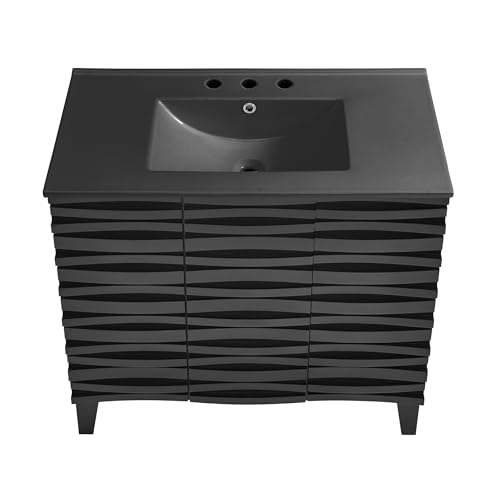 Image of Swiss Madison Cascade 36 in. Black Oak Bathroom Vanity with Black, 3-Hole Ceramic Sink Top