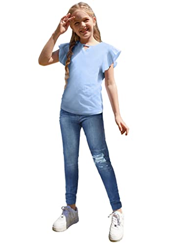 Greatchy Children Clothes Girls Short Sleeve Tops Blouses T-Shirt Plain Shirts Casual Tee Size 7-8 Light Blue #TOP3