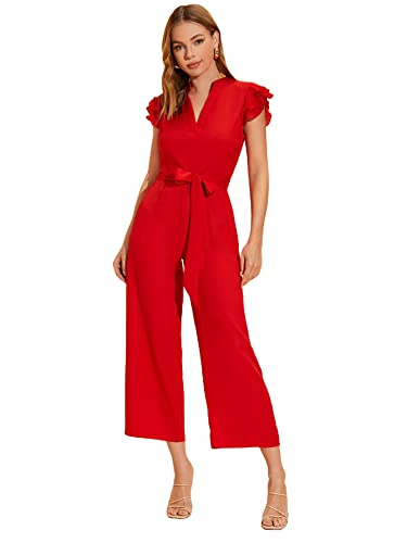 Wdirara Women's Layered Ruffle Cap Sleeve Notched V Neck Belted Jumpsuit Pants Red Xs #TOP14