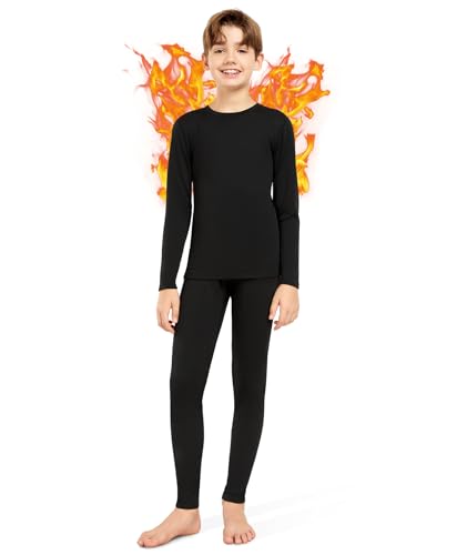 SIMIYA Kids Thermal Base Layer Set - Boys Youth Athletic Base Layer Set Compression Underwear Long Johns Bottom and Long Sleeve Top for Gym Sport Football Ski Black