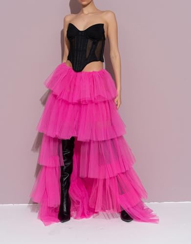 Women's Rave Skirt High Low Layered Mesh Tutu Tulle Long Skirts Elastic Waist Festival Party Wedding Dress Bottoms (Hot Pink, One Size)2