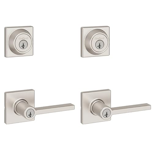 Image of Kwikset Casey Square Front Door Lock Handle and Deadbolt Set, Entry Exterior with Interior Reversible Lever, Satin Nickel, Project Pack, Pick Resistant SmartKey Rekey Deadbolt Security