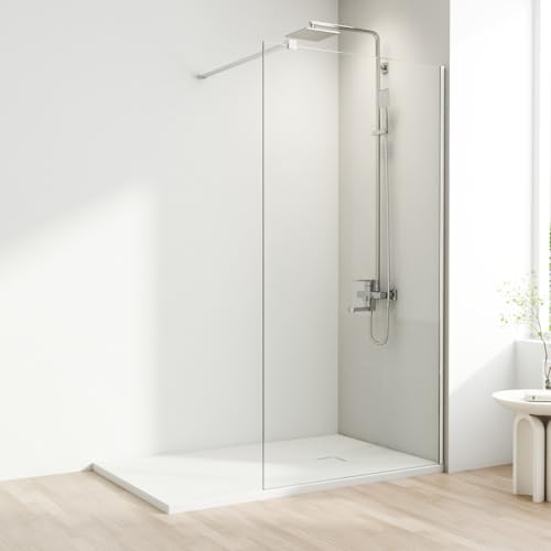 Shower Screen, 700 x 1900mm Chrome Finish Frameless Shower Screen with Support Bar – Reversible Left and Right. 8mm Easy to Clean Toughened Glass