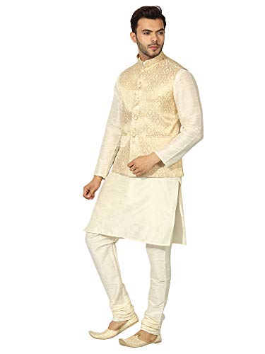Image of Uri and MacKenzie Men's Silk Blend Regular Kurta Churidar Pyjama with Bundi Nehru Jacket /Waistcoat