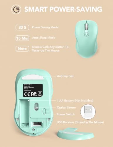 Image of Trueque Wireless Mouse for Laptop, Ergonomic 6-Button Mouse, Mint Green | 2.4GHz USB receiver, back /forward buttons, 3 adjustable DPI levels, silent clicks, USB-C adapter, Windows /Mac /Chrome OS /Linux