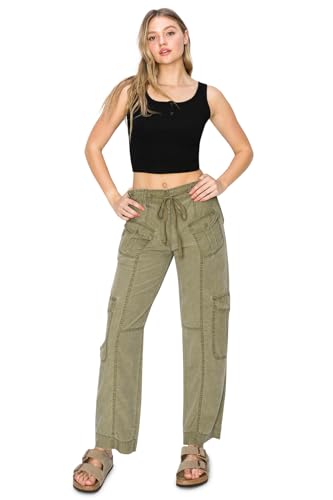 Cali1850 Women's Relaxed Fit Comfortable Mid Rise Washed Linen Straight Leg Cargo Pants with Elastic Band4