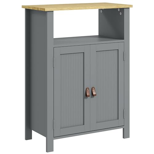 kleankin Meuble Bas de Salle de Bain Multi-rangements Grande Niche Placard Double Porte avec étagère réglable en Hauteur Gris et Naturel