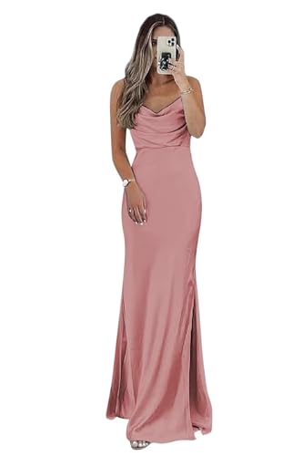 Satin Prom Dress Long Bridesmaid Dresses with Slit Dusty Rose Formal Dress Slit Open Back Size4