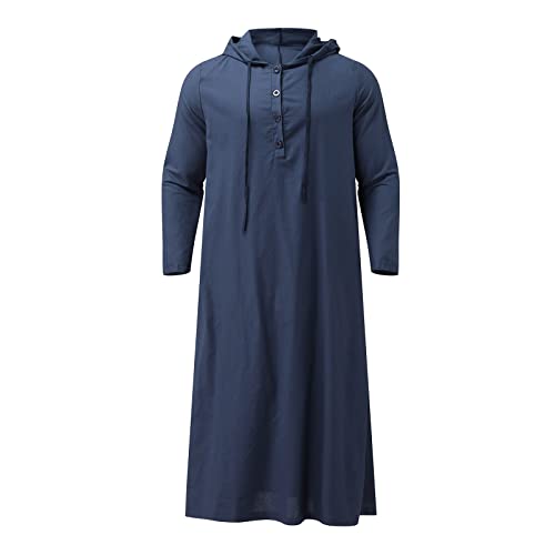Muslim Hooded Kaftans for Men Linen Robe Long Sleeve Button Down Long Gown Drawstring Shirts Thobe with Pockets3