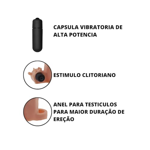 Capa Peniana Extensora com Anel Escroto 20,8cm x 5cm sendo 15,8cm Penetrável Cápsula Vibratória Text