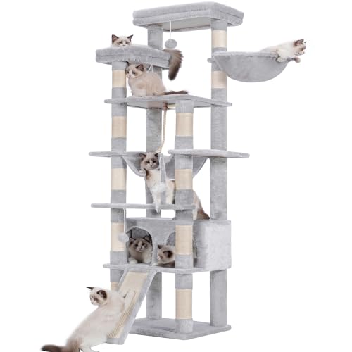Heybly Albero per Gatti, Tiragraffi Multilivello XXL Alto 200 cm, con 11 Pali Graffiatoi, 2 Posatoi, Cesto, 1 Grotta, 1 Amaca, 3 Pompon, in Peluche a Più Livelli, Grigio Chiaro HCT033W