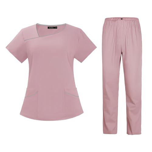 Meichoon Uniforme de Enfermera de Mujer con Cuello Irregular Top de Manga Corta Pantalones de Yoga Sueltos Agradables al Contacto con la Piel DK54Pink XXL