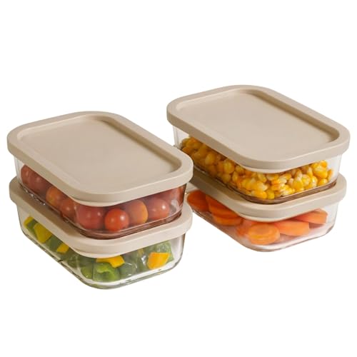 Image of Nestasia Groovo Glass Containers for Fridge Storage Set of 4 (520ml Each) - Transparent Stackable Glass Container with Lid, Microwave & Dishwasher Safe Containers with Ribbed Texture (Beige)