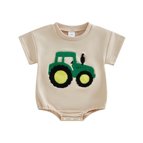 Image of MoZiKQin Baby Boy Summer Clothes Tractor Embroidery Bubble Romper Short Sleeve Jumpsuit Infant Cute Summer Outfit (Green, 0-3 Months)