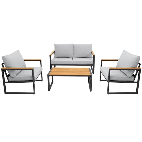 Image of Patio Furniture Set, 4 Pieces Outdoor Patio Furniture with Coffee Table Set, Metal Patio Conversation Sets with Washable and High-Resiliency Sponge Cushions, Upgarded Light Grey
