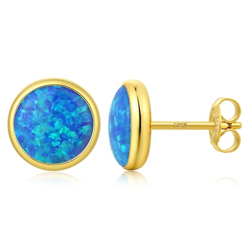 Opal Ohrringe 925 Sterling Silber Runde Opal Ohrstecker Blaue Hypoallergene Ohrringe Stecker Schmuck für Damen 8 mm Vergoldet