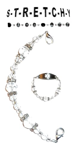 Hidden Hollow Beads Women's Crystal Beaded Stretchy 6.5 or 5.5 inch long Medical Alert ID Interchangeable Replacement Bracelet, Identification Vital info tag