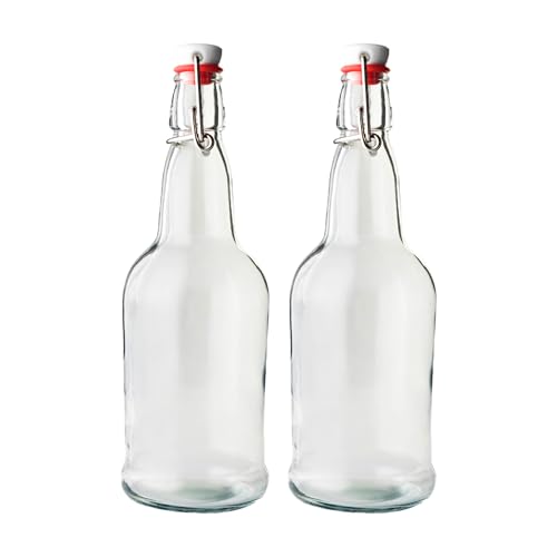 FastRack 2 Pack Clear Swing Top Glass Bottles (16oz/500ml) | Heavy Duty Flip Top Fermenting Bottles | Reusable Airtight Grolsch-Style Glass for Kombucha, Beer, Juice & Infusions
