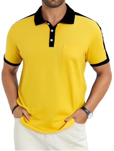 LuxMania Men's Casual Polo Shirts Short Sleeve Classic Button Shirt Fashion Cotton Golf Tops with Pocket Yellow XL