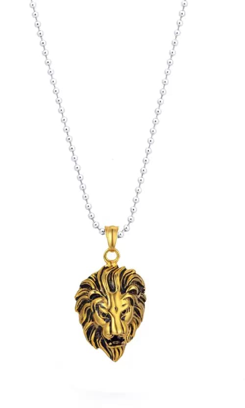 GenericAnrich Gold Lion Head Locket with Chain Lion Face Locket for Men and Women Gold-plated Stainless Steel Locket