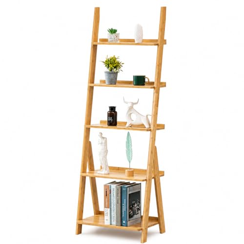 Maydear Bamboo Ladder Shelf Bookcase, 5-Tier Leaning Bookshelf Free Standing Organizer Storage...