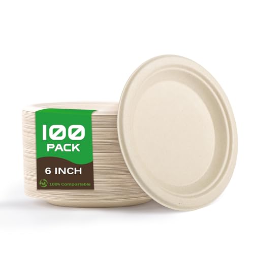 Platos Desechables 100 Piezas,Cubiertos Desechables de Caña de Azúcar Biodegradables,Bandejas Desechables 100% Compostables para Cumpleaños,Fiestas,Cámping,Picnic,Barbacoas(Color Madera,15.2cm)